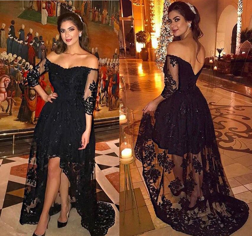 Myriam Fares Black Prom Dresses Formal Long Sleeves Evening Gowns Hi Lo Skirt Off The Shoulder V Back Open Duabai Lace Gowns