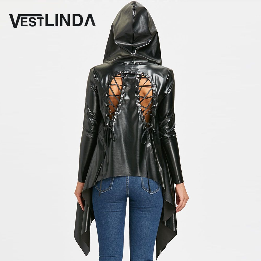 Vestlinda Jacket Women Autumn Winter Las Top Coat Black Back Lace Vestlinda Jacket Women Autumn Winter Las Top Coat Black Back Lace Up Hooded Asymmetric Pu Leather Womens Outwear Coats Er