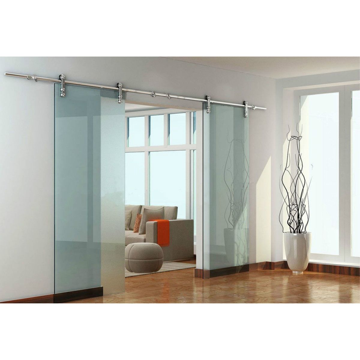 Usa Free 8ft 16ft Modern European Stainless Steel Double Glass Sliding Barn Door Hardware Track Set Roller Kit