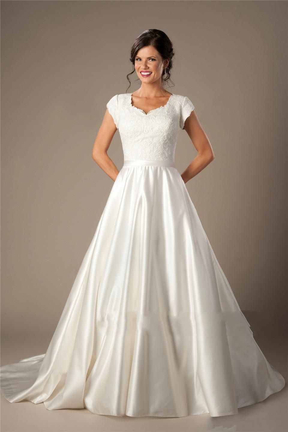 Discount Vestido De Noiva Vintage Lace Satin Modest Wedding Dresses New With Cap Sleeves Buttons ...