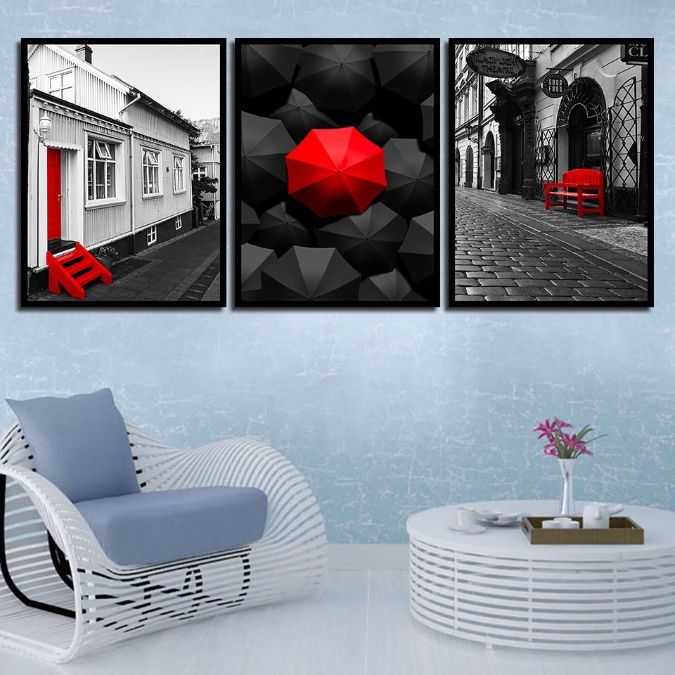 3 Piece Nordic Style Canvas Paintings Wall Art Decoration For Living Room Printing Black Red Umbrella And Chair Street Landscape Posters
