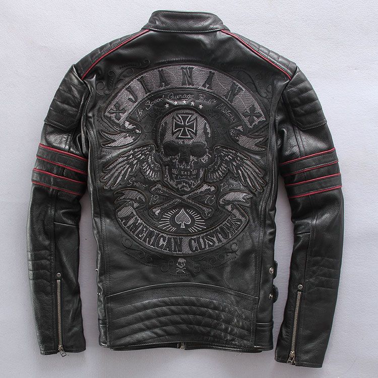 Frayed Harley Style Jackets Men Slim Leather Motorcycle Clothing Genuine Mens Motor Jacket Collar Embroidered Skull