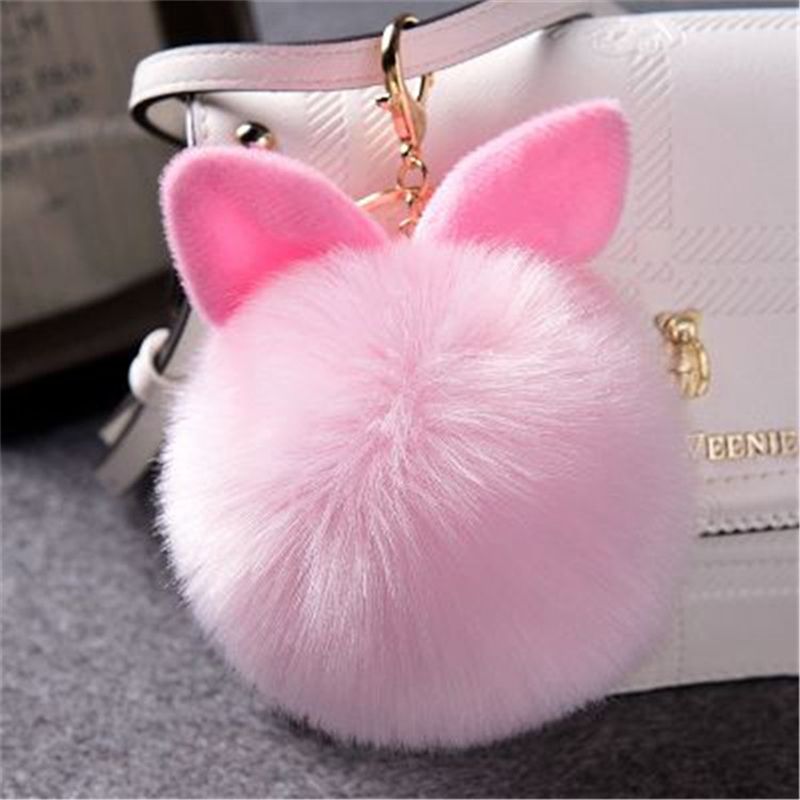 Cute Fluffy Fur Ball Keychains Rabbit Ear Ball Pendant For Purse Phone