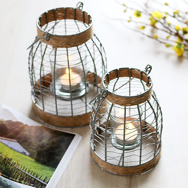 Rustic Metal Frame Candle Lantern With Winding Hemp Rope Loft Rustic Metal Frame Candle Lantern With Winding Hemp Rope Loft Hanging Holder For Home Decor Bar Restaurant Garden Wedding Tealight