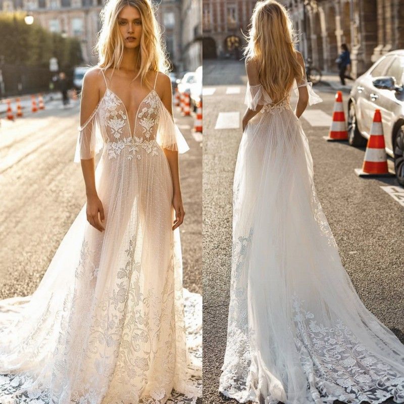 compre 2019 vestidos de novia de encaje sin espalda romántica cuello