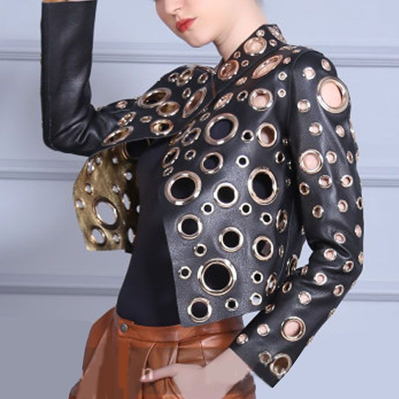 2019 Fashion Cool Golden Leather Jacket Women Metal Circle Moto Coat 2019 Fashion Cool Golden Leather Jacket Women Metal Circle Moto Coat Punk Rock Faux Jaquetas Couro Casaco Chaquetas From Lin And Zhang