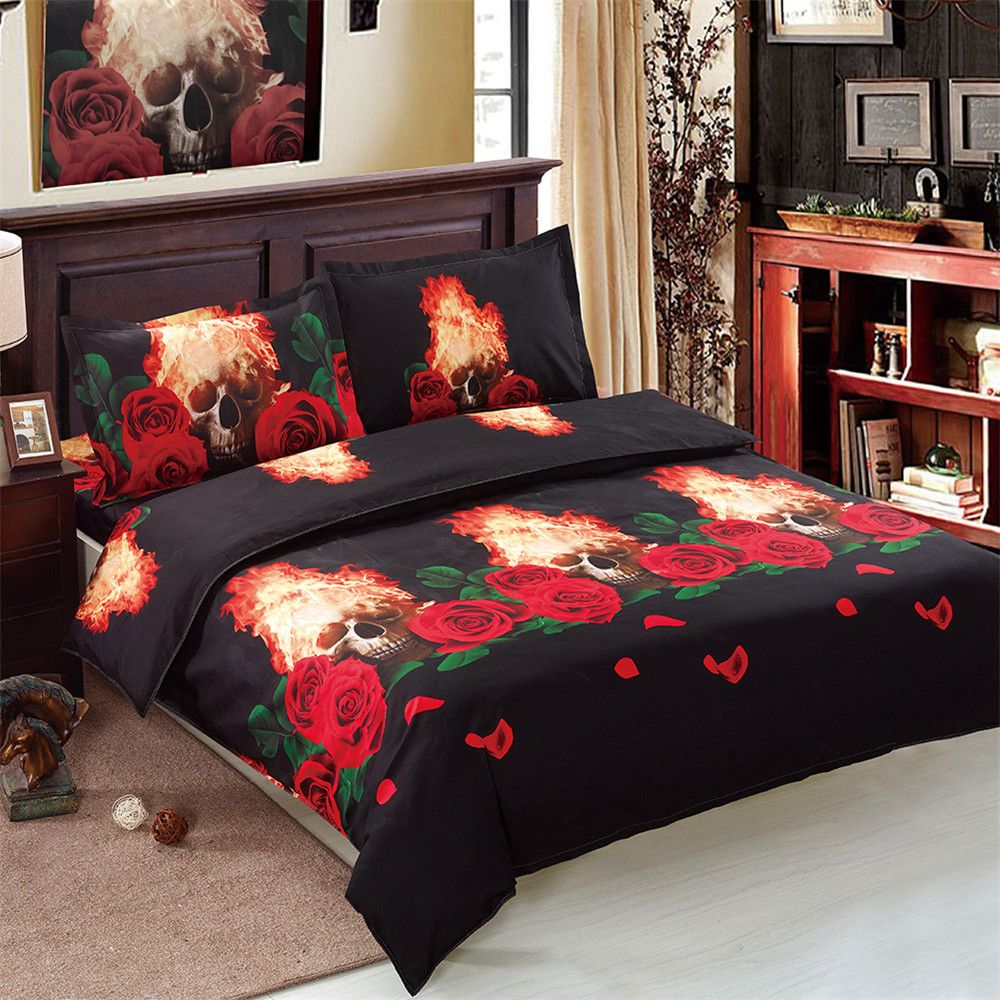 Red Rose Black Bedding Set Fire Skull Duvet Cover Bed Sheets Linens Pillowcase Day Of The Dead Bedclothes D35