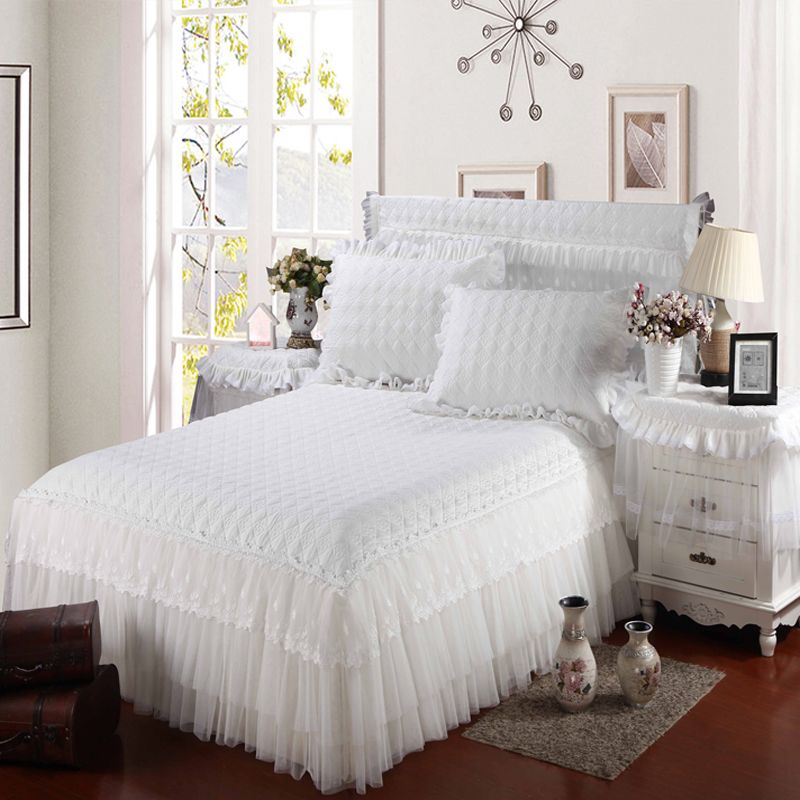 Luxury White Beige Light Blue Princess 100 Lace Wedding Thick Luxury White Beige Light Blue Princess 100 Lace Wedding Thick Bed Skirt Bedding Set Bedspread Sheet Pillowcase Linen Dust Ruffle Quilted Bedskirt