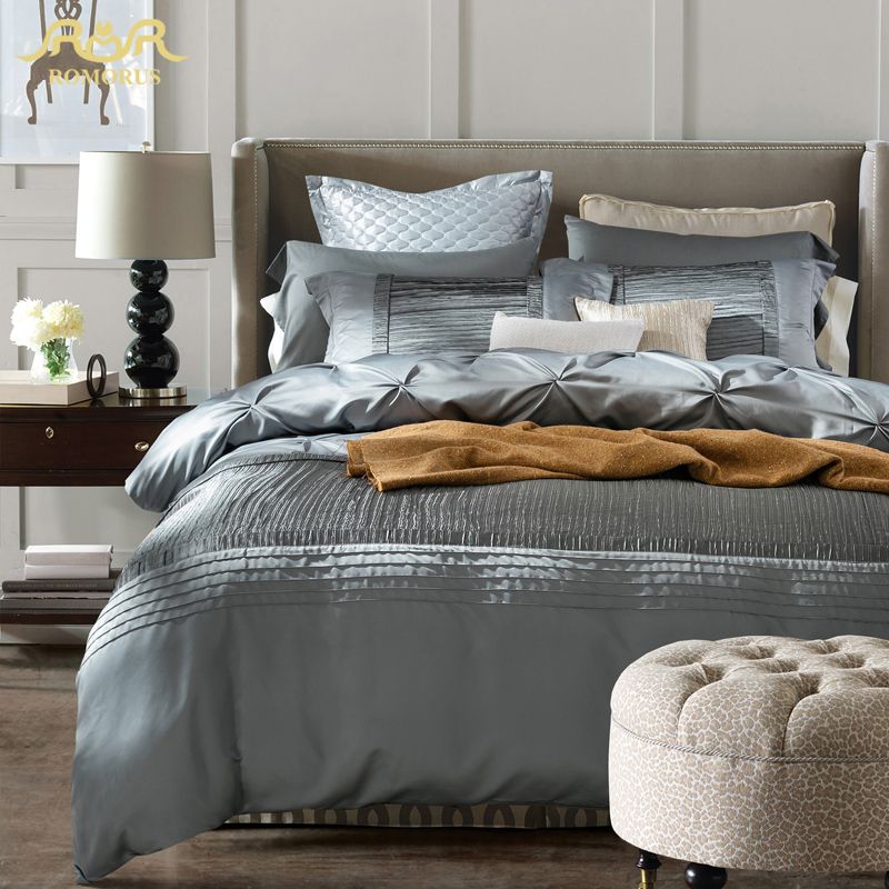 Romorus 2018 Luxury Silk Bedding Set King Queen Size Quality Modern Romorus 2018 Luxury Silk Bedding Set King Queen Size Quality Modern Silver Gray Wedding Bed Linen Duvet Cover Sheet Sets Bedroom Comforters