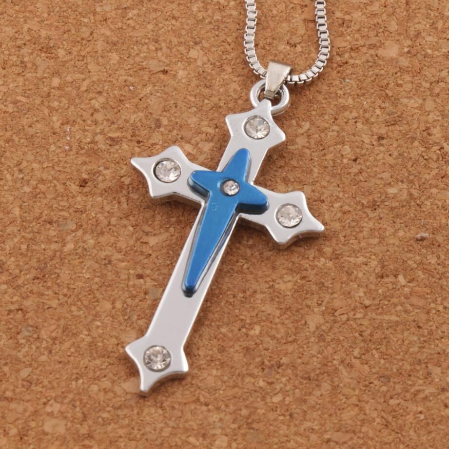 Crucifix Prayer Cross Pendant Men Necklace Chain Blue N1784 24inches Hot Jewelry Necklaces