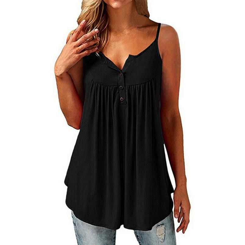 2019 Tank Tops Womens Summer Sleeveless Solid Color Casual Swing Flowy Tank Tops With Buttons Hot New