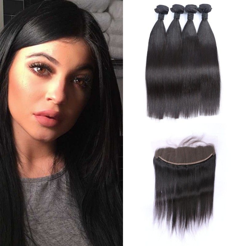 Bleached Knots Virgin Straight Hair Weave Bundles With Full Lace