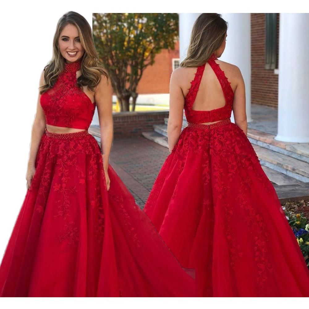 2018 Charming Red Two Piece Prom Dresses High Neck Lace Applique Zipper A Line Arabic Formal
