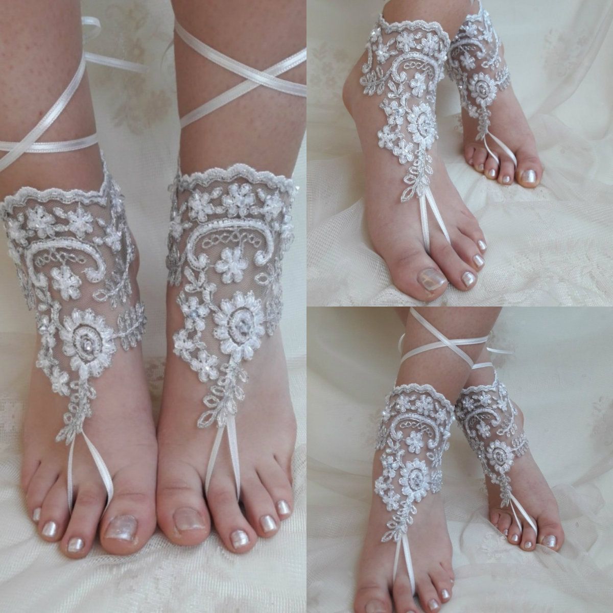 Sexy Ribbon Beach Wedding Shoes Lace Delicate Beaded Open Toe Ankle