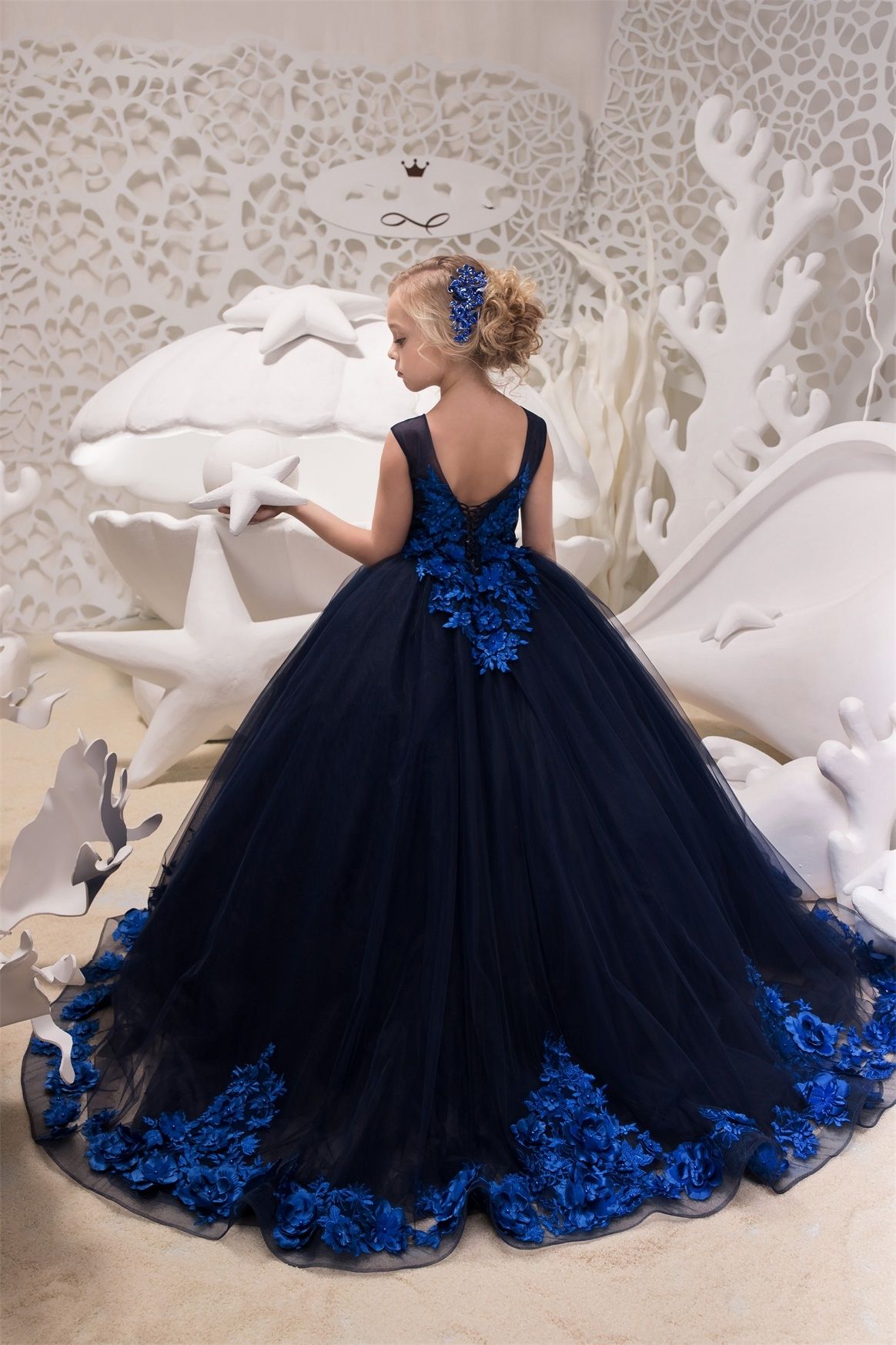 Navy Blue Girls Formal Party Dresses 2018 3D Royal Blue Flowers Full