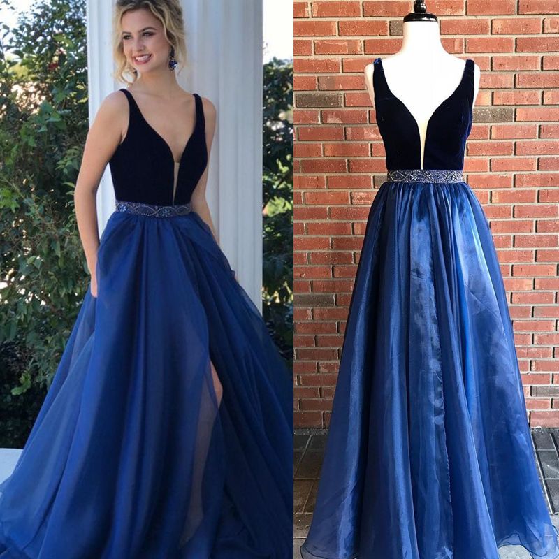 2019 New Design Navy Blue  Prom  Dress  Deep  V Neck Velvet 