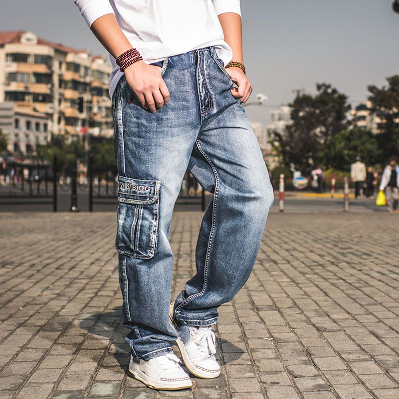 2019 Mens Cargo Jeans Pants Wide Leg Loose Fit Jeans For Men Hip Hop ...