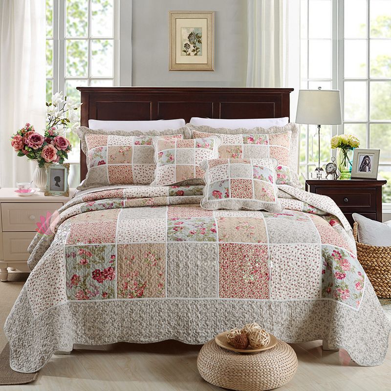 Chausub Cotton Patchwork Quilt Set Korean Fl Bedspread Bed Chausub Cotton Patchwork Quilt Set Korean Fl Bedspread Bed Cover Quilted Bedding Duvet Pillowcase Quilts Damask Queen Size Comforter