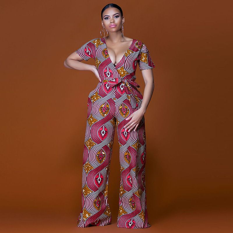 Plus size 2018 Summer Wide Leg Pant Women Rompers Jumpsuits African Print Clothing Casual Sexy Deep V neck tunic party overalls