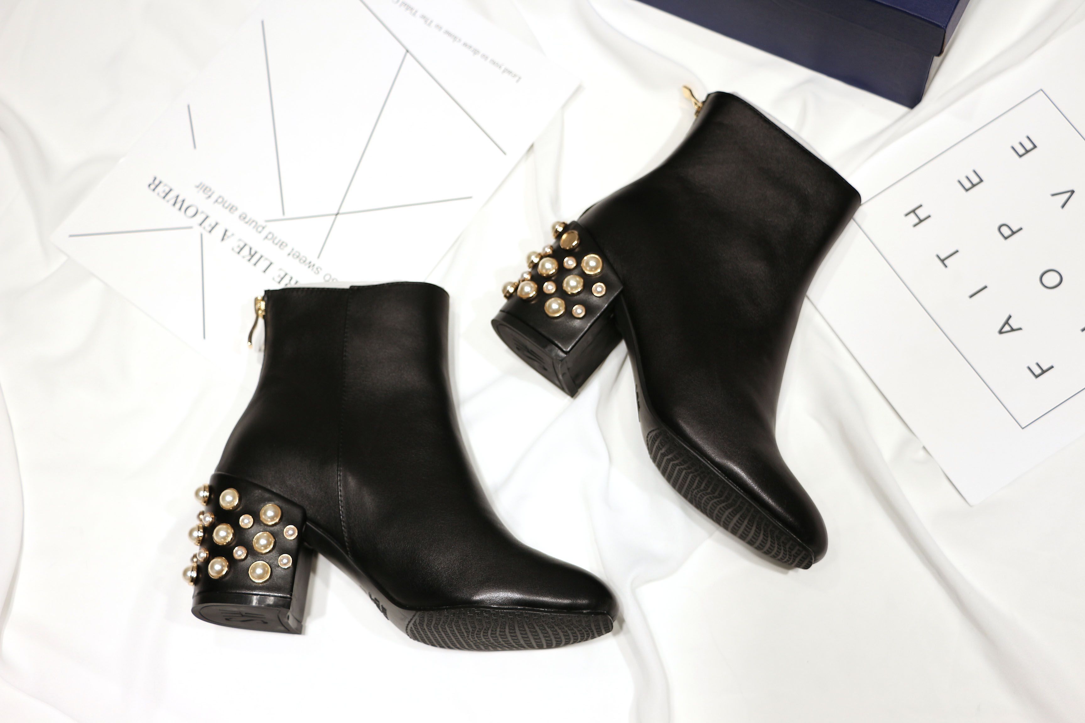 New Style Women Fashion Chunky Heel Pearl Heel Ankle Boots Women Genuine Leather Autumn Winter