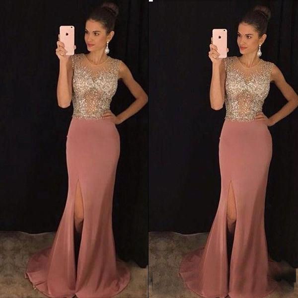 Roupas Para Festas Sereia Empoeirado Rosa Vestidos De Noite Formal Longo Barato Lantejoulas Frisado Side Dividir Cetim Elástico Ilusão Sheer Neck Vestidos De Baile Vestido De Festa Vestidos Para Festas De Lokey_wedding,