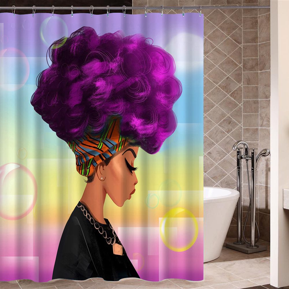 Afro Shower Curtain African Woman With Purple Hair Watercolor Portrait Picture Print Waterproof Mildew Resistant