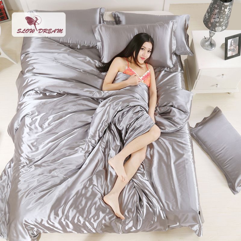 Slowdream Grey Silk Satin Bedding Set Solid Color Bed Linen Silver Slowdream Grey Silk Satin Bedding Set Solid Color Bed Linen Silver Duvet Cover Soft Tencel Flat Sheet Or Duvets King Comforters From