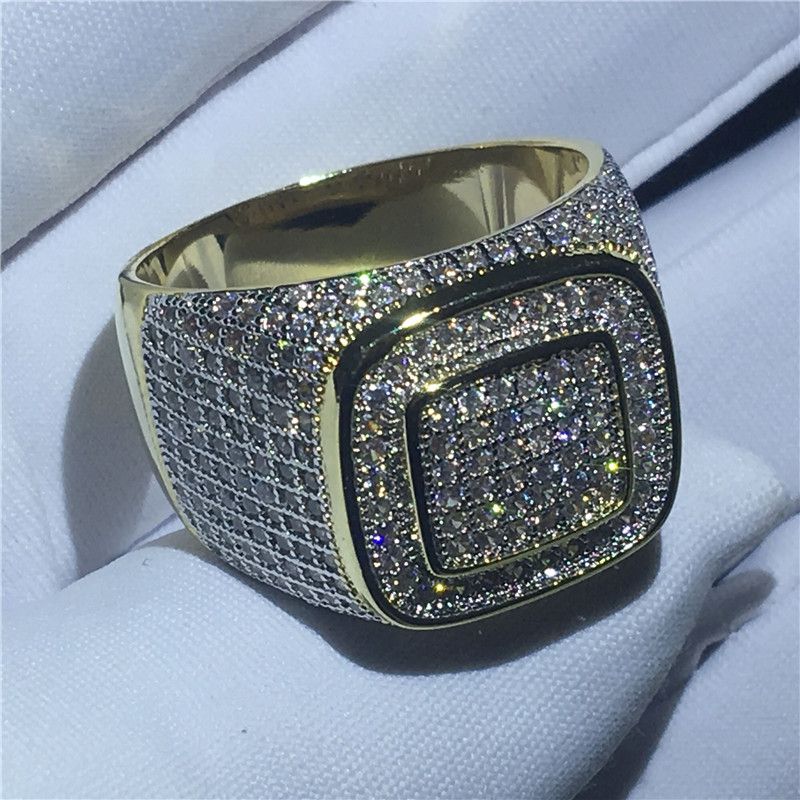 Przystojny Męski Hip Hop Ring Pave Otoczenie 5A CZ Żółte Złoto Wypełnione 925 Silver Wedding Band Pierścień Dla Mężczyzn Party Biżuteria