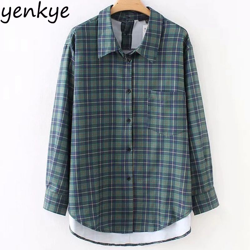 Plus Vintage La Manches Automne Chemise Femmes Asymétrique Aazz9000 Carreaux Taille 2018 Rabattu À Blouse Longues Chemises Col Ourlet Dames ordxWCBe