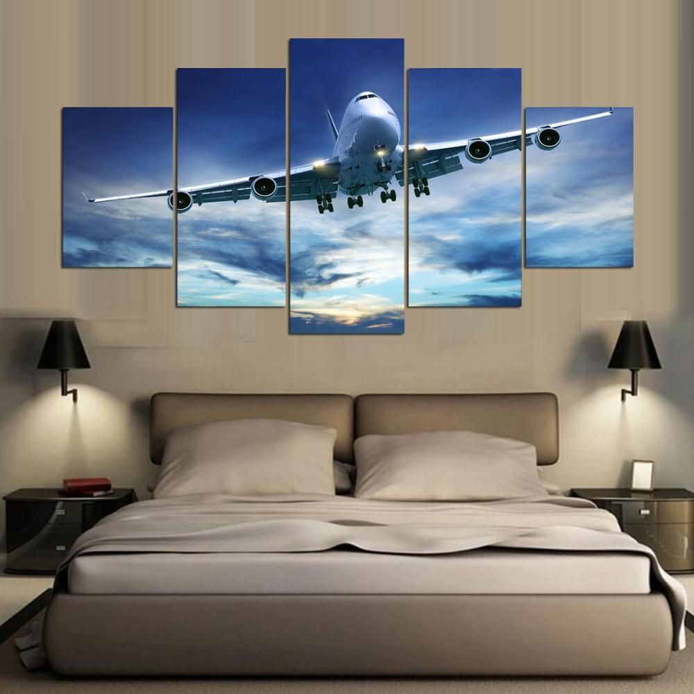 Modular Hd Prints Blue Sky Aircraft Poster Canvas Wall Art Pictures 5 Pieces Cool Airplane Paintings Living Room Decor Framework