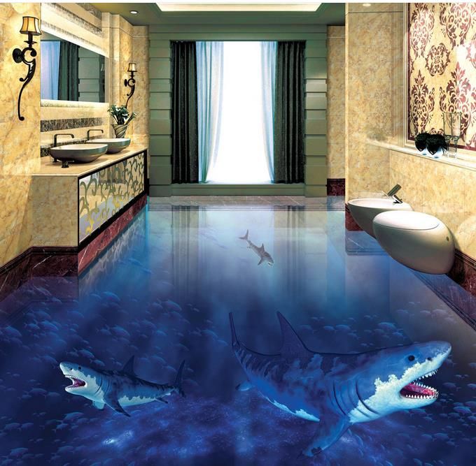 PVC Vinyl Flooring Bathroom Sharks Fish Underwater World 3D Bathroom