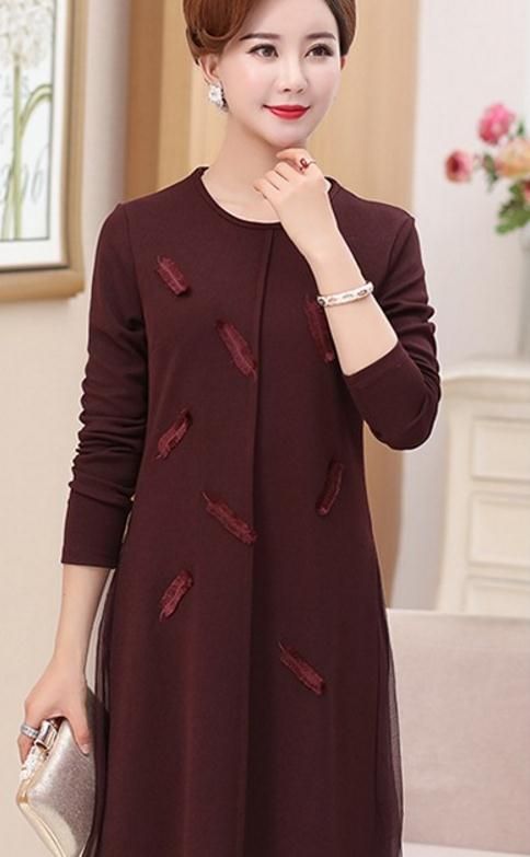 Medium And Old Women's Dress Pure Color Dress in Spring And Autumn Long ...