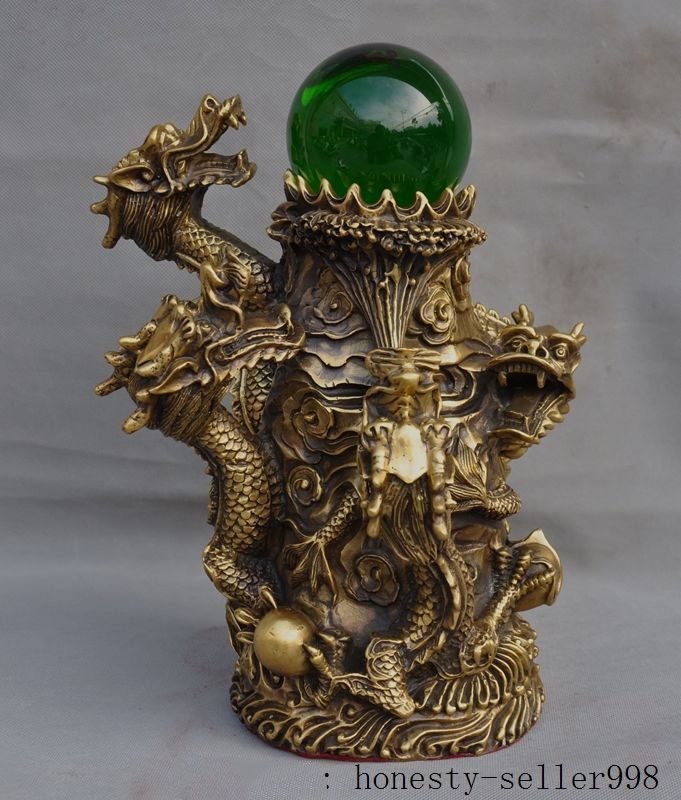 2019 12chinese Fengshui Brass Five Dragon Play Green Glass Bead