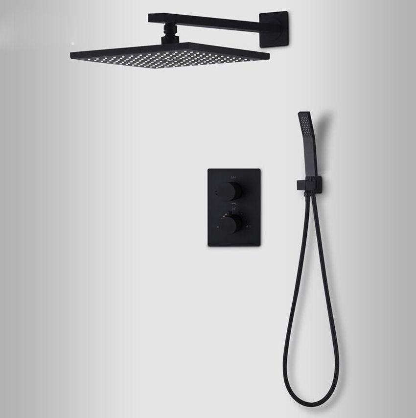 2019 Black Shower Thermostatic Waterfall Rain Head Hand 2019 Black Shower Thermostatic Waterfall Rain Head Hand Set In Solid Brass Bathroom Faucet Wall Mounted System From Jiemei
