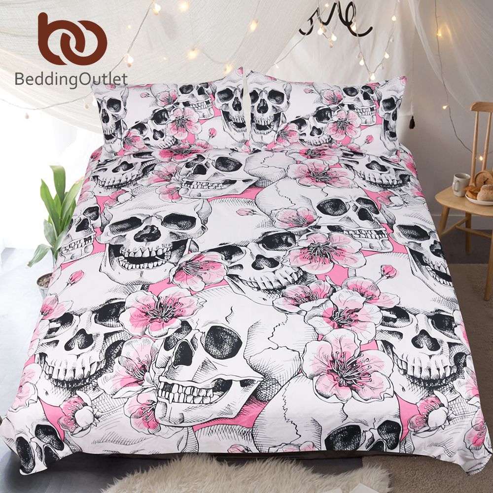 Bedding Sugar Skull Set Cherry Blossoms Duvet Cover Pink Fl 3 Piece Microfiber Bedspreads Queen For Woman