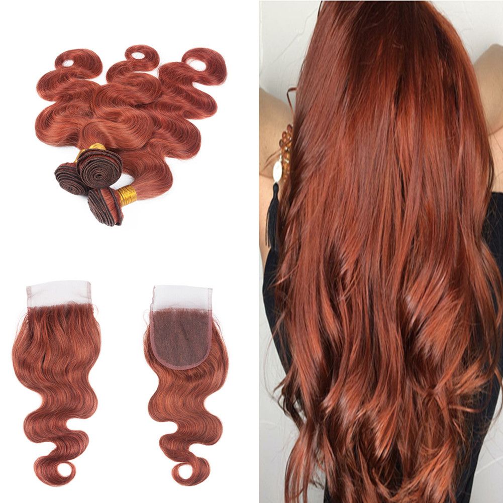 33 Dark Auburn Brown Virgin Hair Extension With Free Part Lace Closure