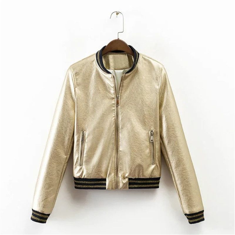 High Street Metallic Pu Leather Lady Jacket Silver Glod Solid Color High Street Metallic Pu Leather Lady Jacket Silver Glod Solid Color Baseball Coat Quality Women Er From Purpleworld