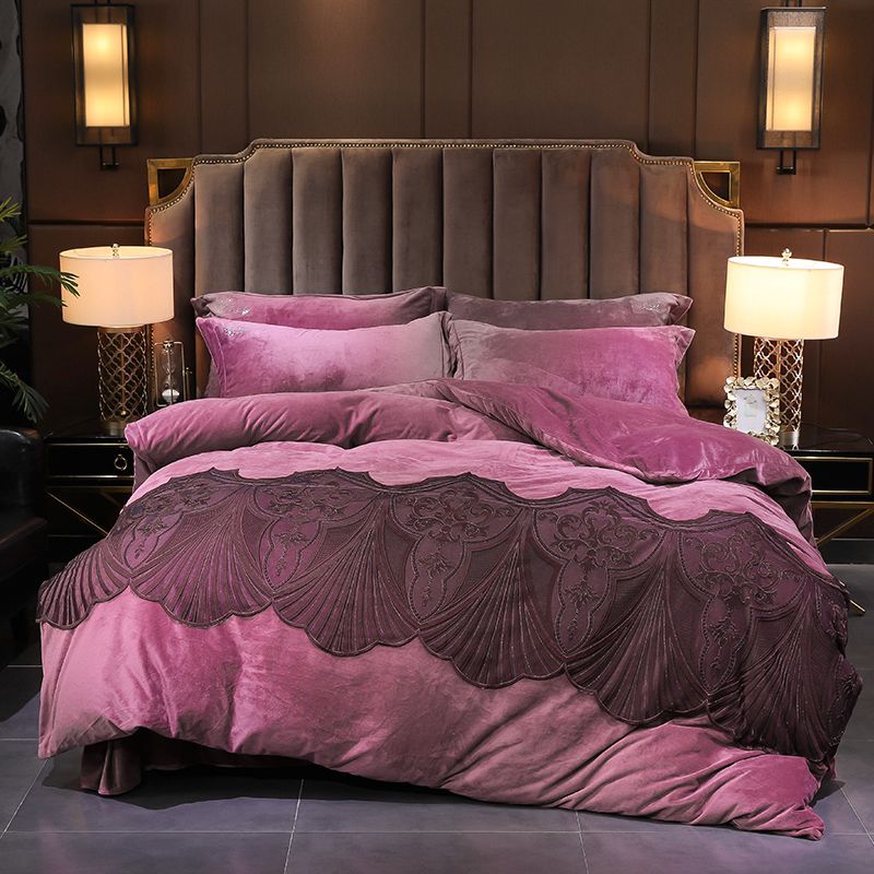 Luxury Romantic French Flair Flannel Winter Thick Lace Edge Bedding Set Fleece Fabric Duvet Cover Bed Sheet Linen Pillowcases