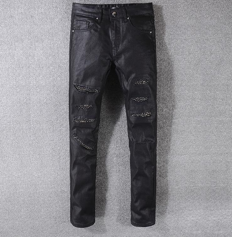 2019 Men'S Black Coated Jeans Rhinestone Crystal Hole Ripped Distressed ...