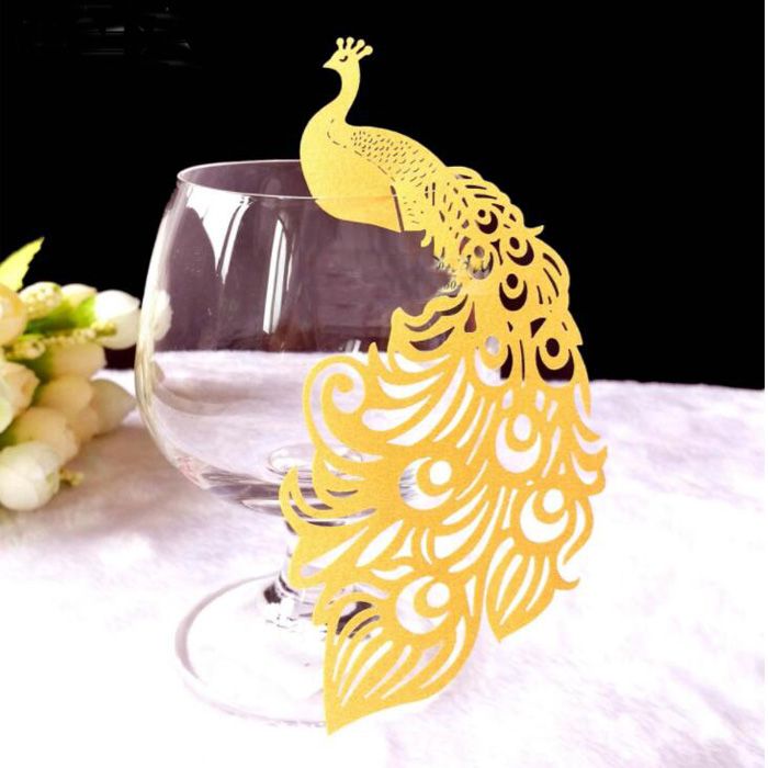 Peacock Laser Cut Wine Glass Card Name Place Escort Cup Cards