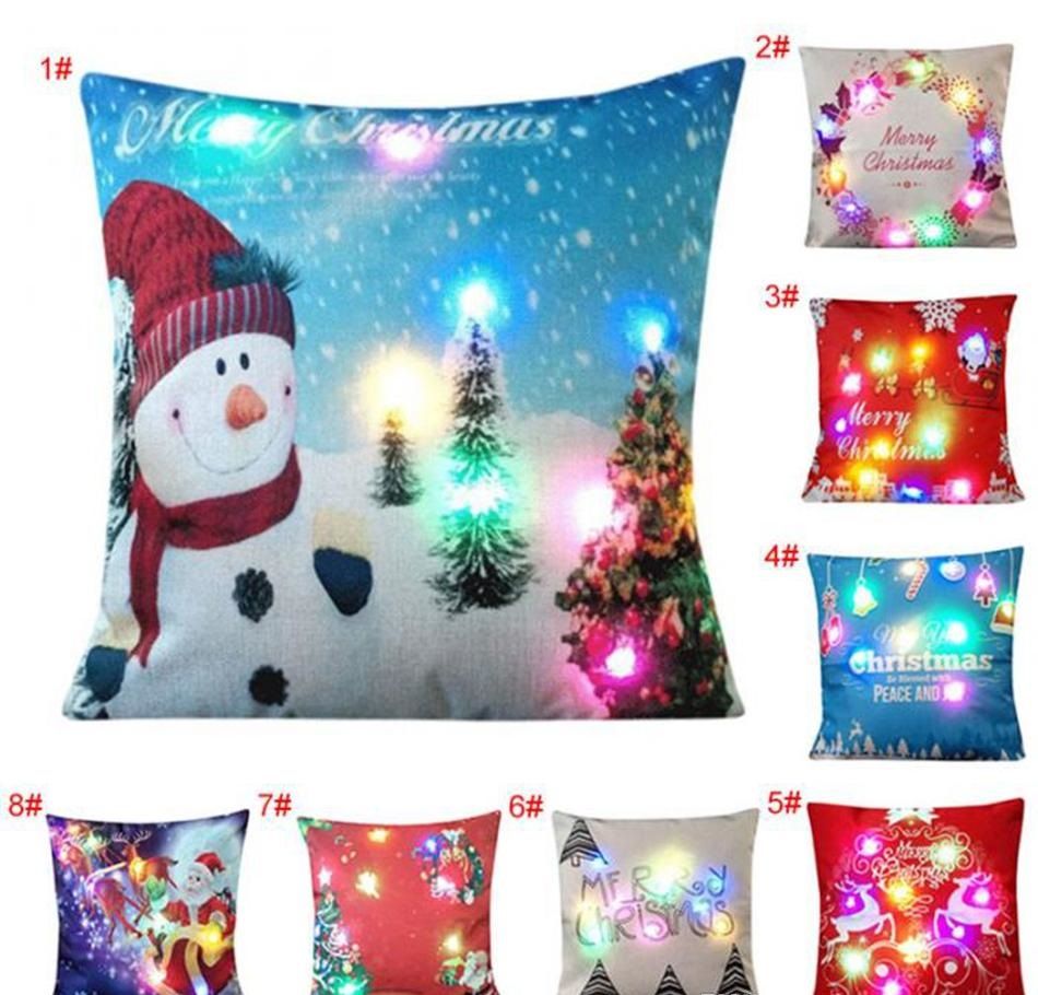 LED Christmas Pillow Case 45*45cm Xmas Linen Light Up Cushion Cover Throw Light Home Decor