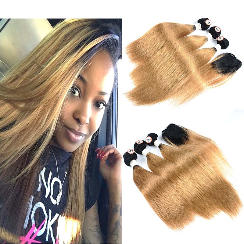 Ombre Honey Blonde Human Hair 3 Bundles With Top Closure Straight