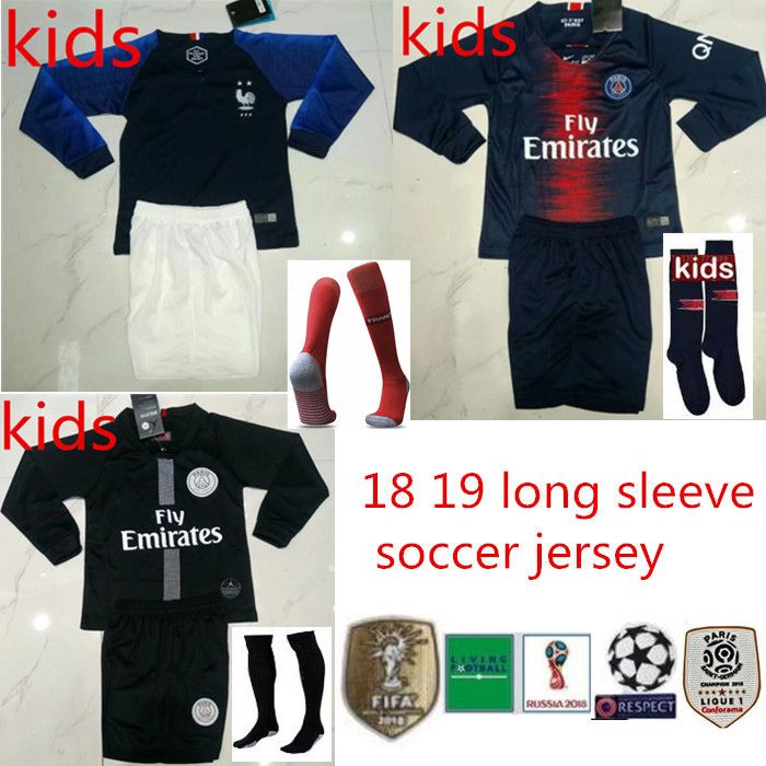 2018 New Frances Maillot De Foot Enfant Cheap French Kids Long Sleeve Football Jersey Etoiles Equipe De Uniform Fr Kids Kits Long Sleeve