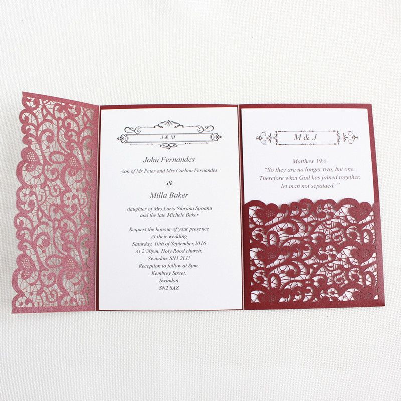 Laser Cut Wedding Invitation Card Burgundy Gold Blue Tri Fold Pocket