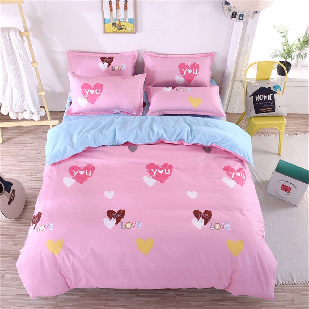 Sweet Love Cartoon Pink Bedding Sets Duvet Cover Blue Flat Sheet