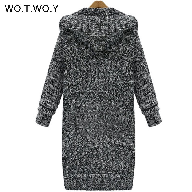 2021 WOTWOY Autumn Winter Long Hooded Cardigans Women Casual Black