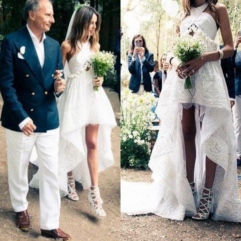 Spring Summer Wear Beach Wedding Dresses Halter A Line Lace Wedding Dress Cheap Count Train Backless Bridal Gowns Bohemia Country Style