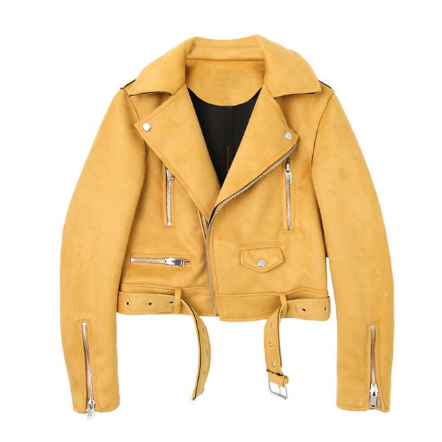 Motorcycle Leather Jacket Women Suede Faux Yellow Black Pink Green Punk Outwear Biker Er