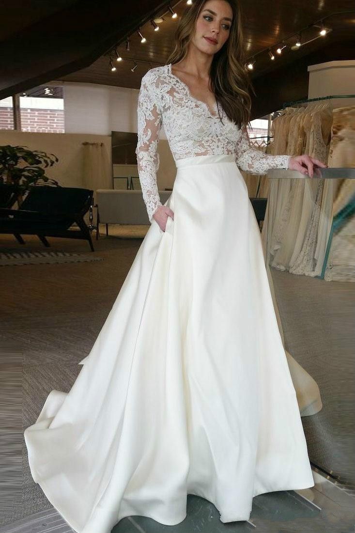 Discount Cheap Formal Wedding Dresses With Illusion Long Sleeves