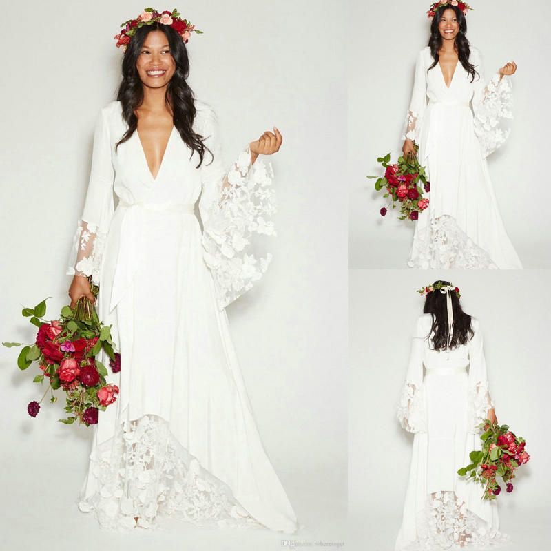 Acheter Robes De Mariage De Pays De Bohême Simples Manches Longues Col En V Profond étage Longueur été Boho Hippie Beach Western Robe De Mariée Hs325